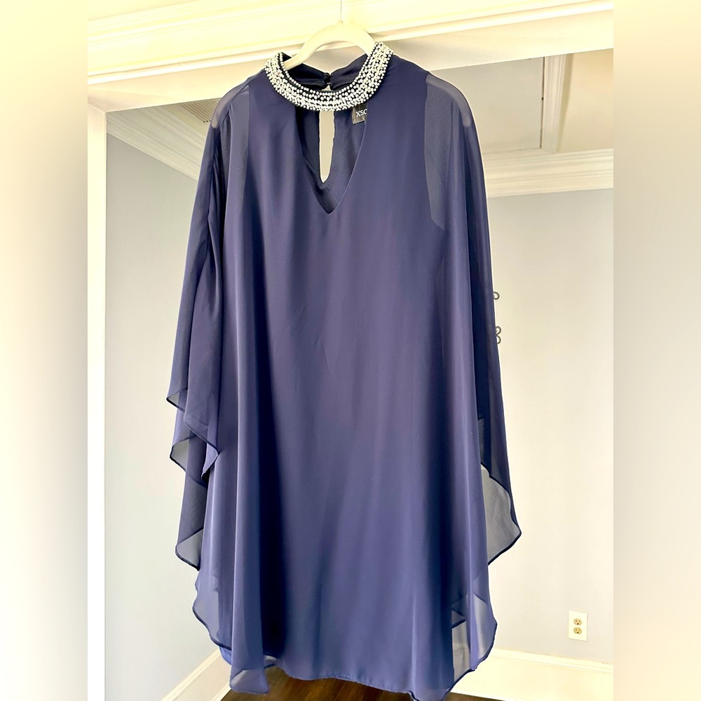 Xscape Women's Short Navy Dress Chiffon Overlay and Bead Choker Neck Size 16 EUC - Picture 5 of 10